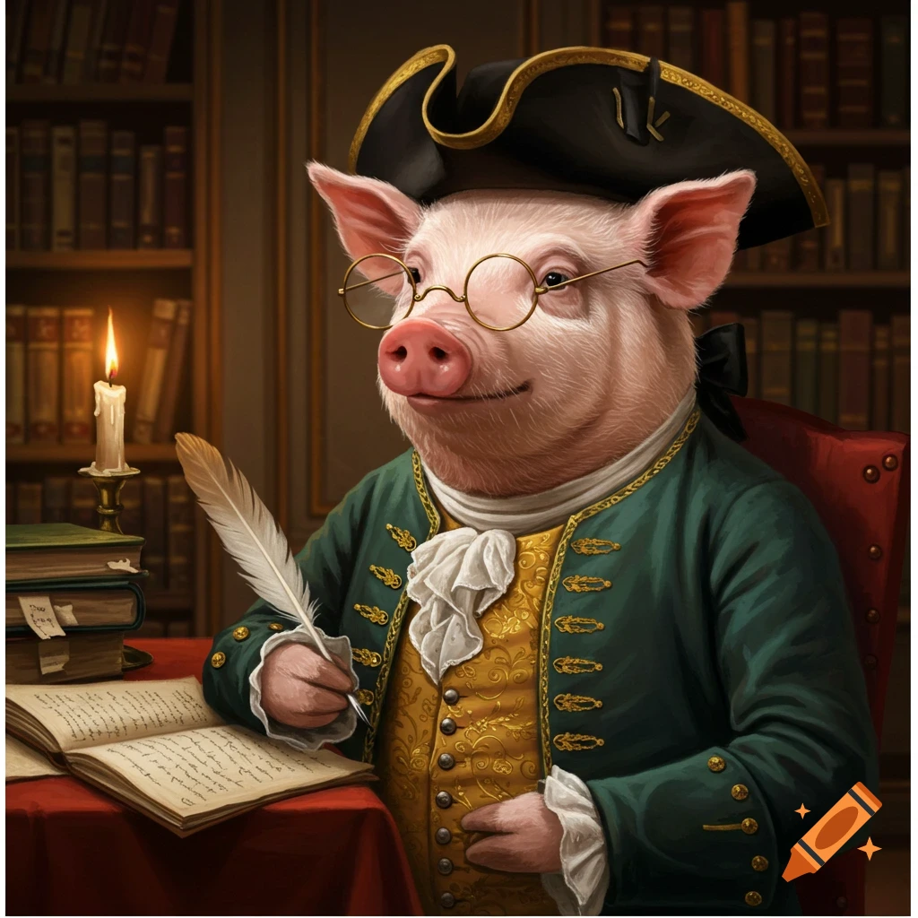 A pig in a green and gold historical suit, glasses, and a tricorn hat writes with a quill at a desk by candlelight in a library.