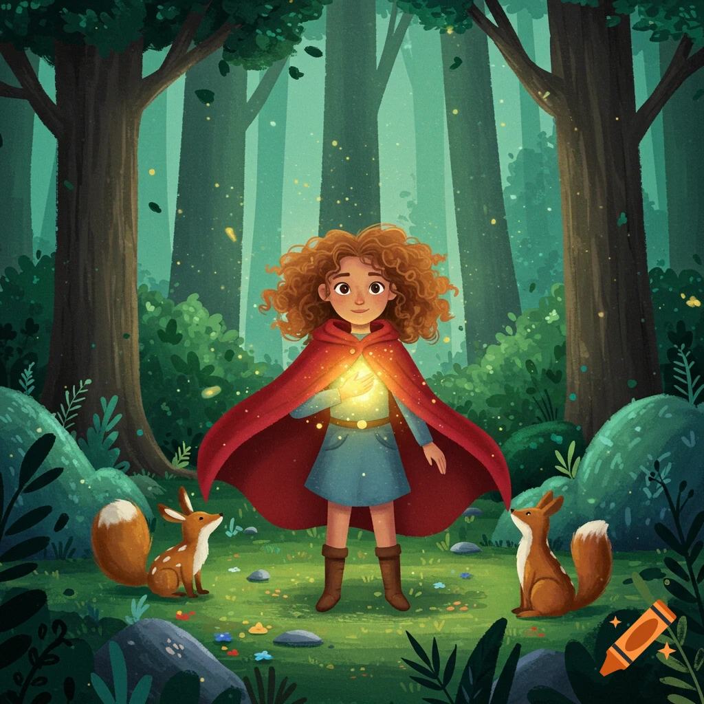 Whimsical illustration of a curly-haired girl in a red cape holding a glowing light, flanked by two foxes in a magical forest.
