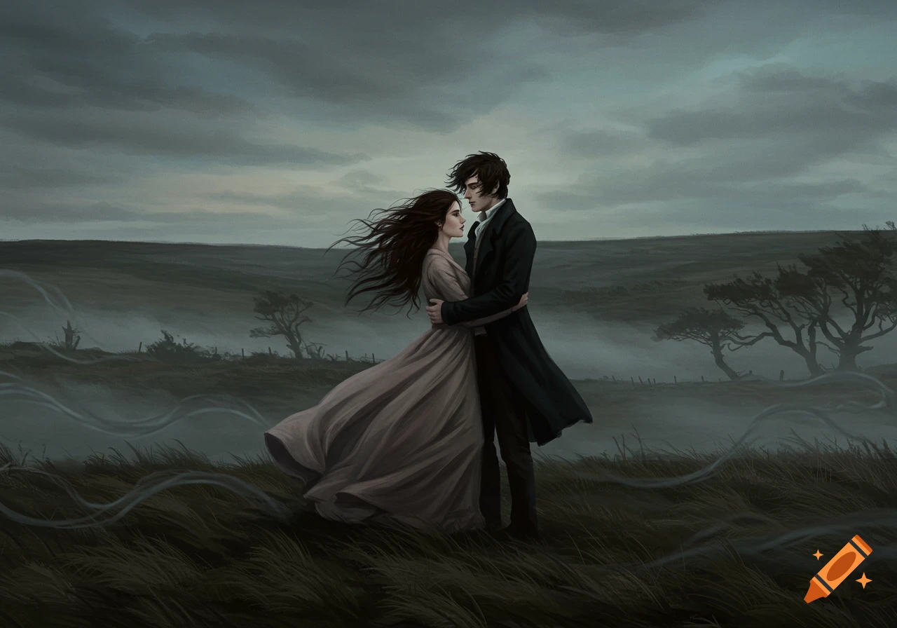 A man and woman embrace on a windswept, grassy moor under a cloudy, dramatic sky, in a digital painting style.