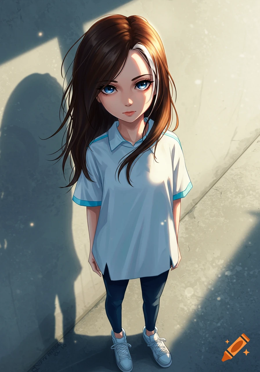 Anime girl with brown hair and blue eyes, wearing a white polo shirt, dark leggings, and white sneakers, looking up under dappled sunlight.