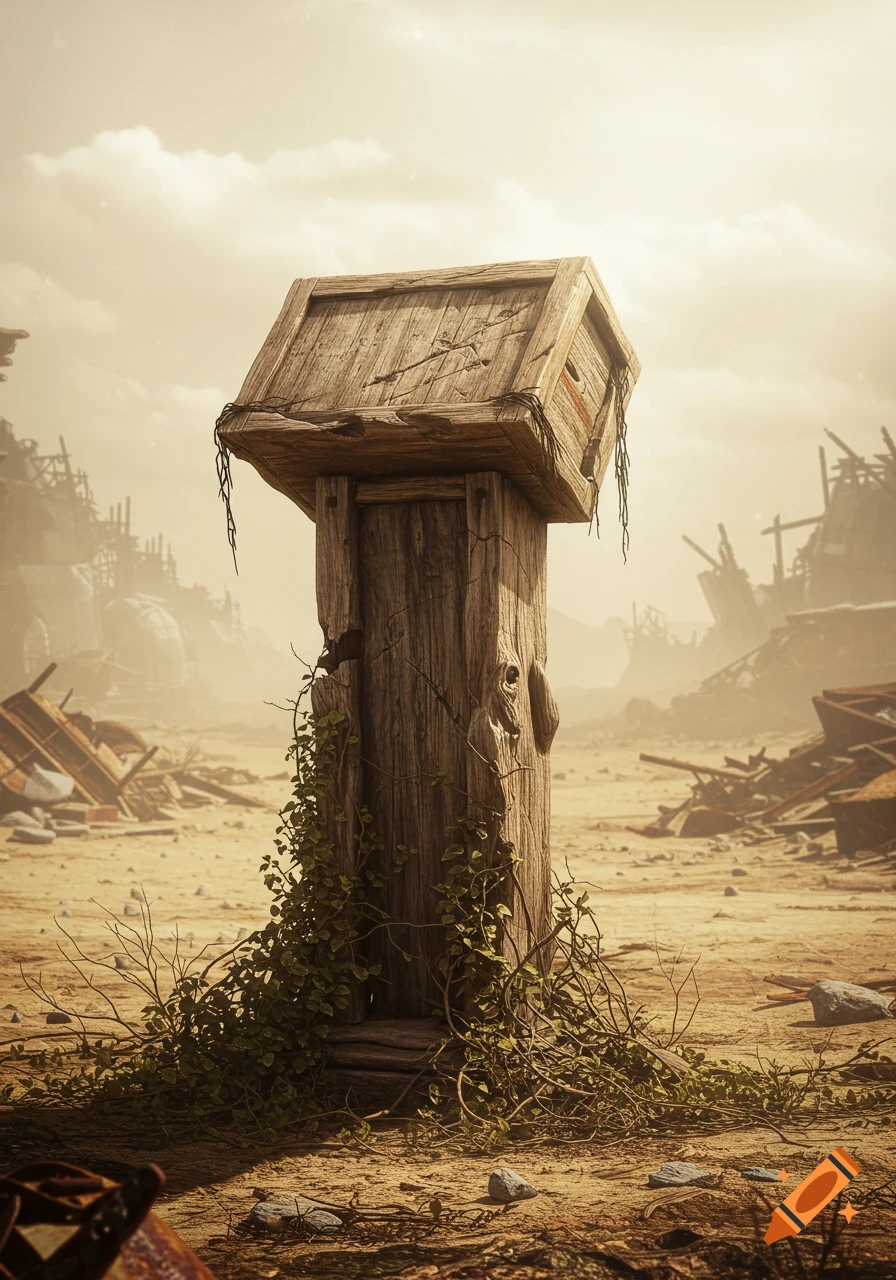 A weathered wooden structure, possibly a lectern or a small shrine, stands in a desolate, sandy, post-apocalyptic wasteland under a hazy sky.