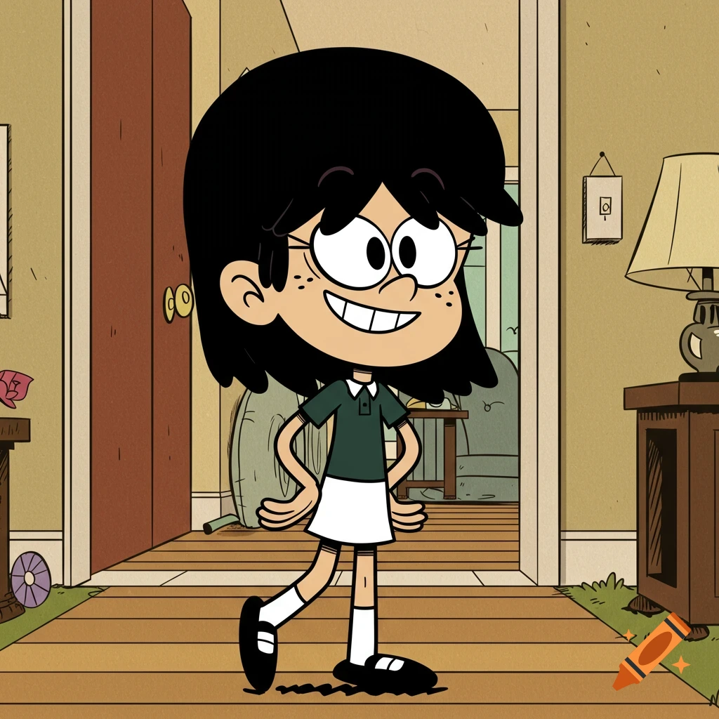 A smiling young girl in a cartoon style, similar to The Loud House. She has black hair, a dark green polo shirt, a white skirt, white socks, and black Mary Jane shoes, standing in a hallway.