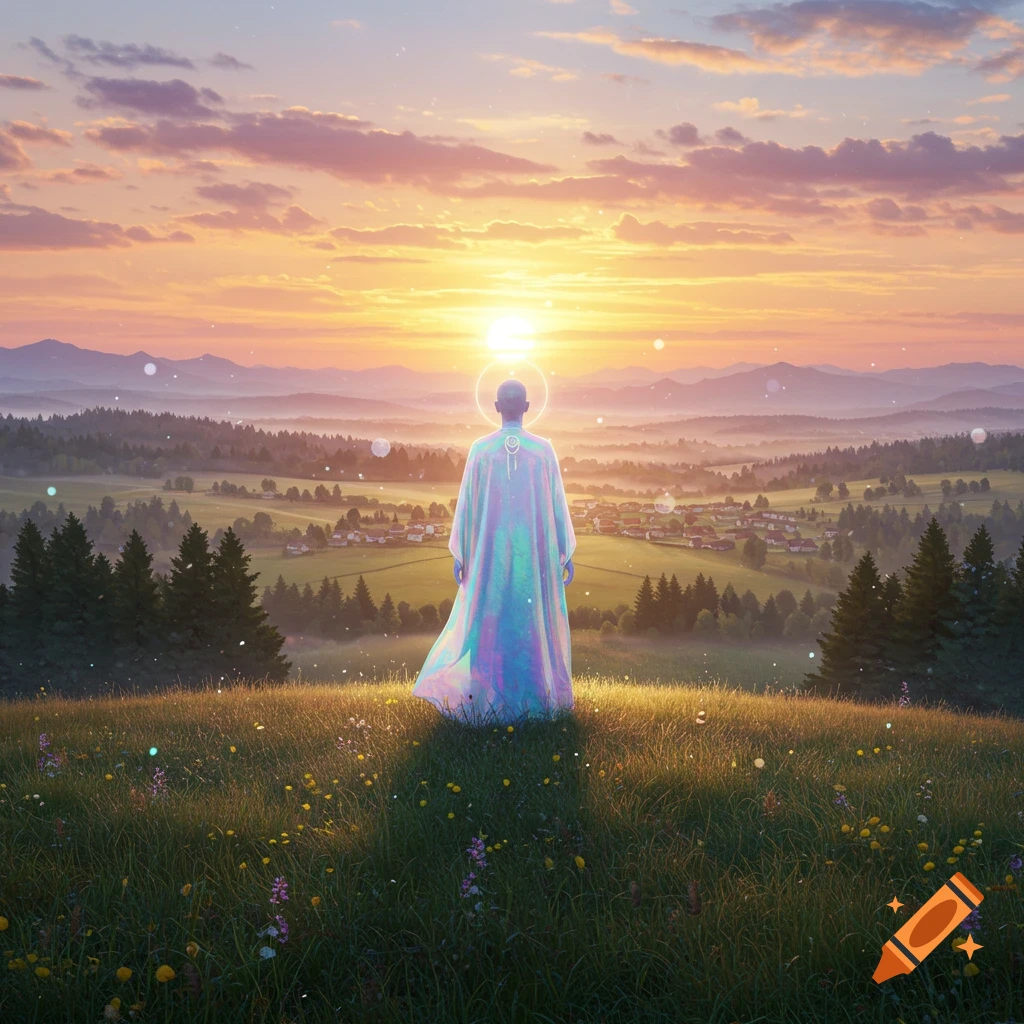 A figure with a glowing halo and iridescent robe stands on a grassy hill overlooking a valley at sunset.