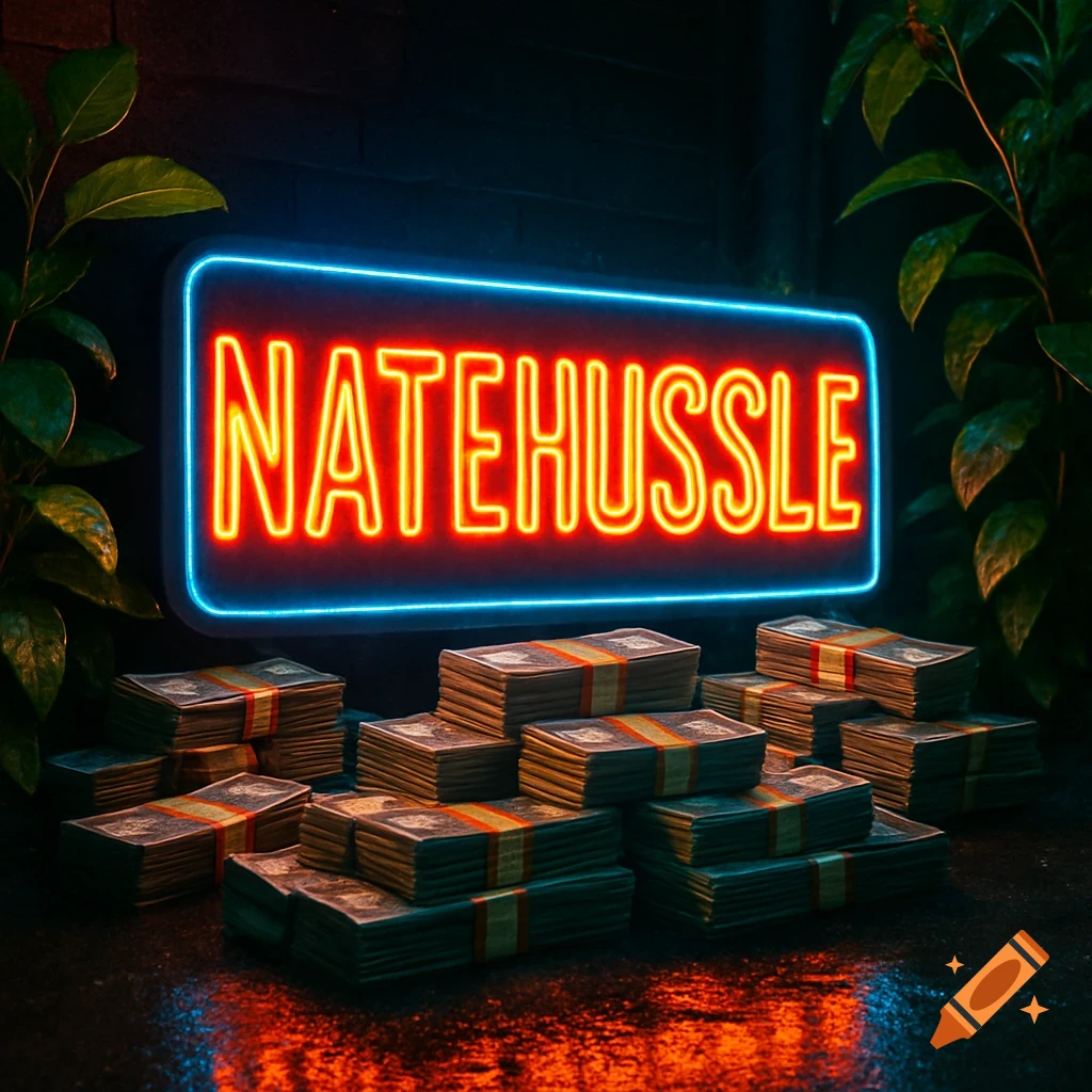 A red and blue neon sign for 'NATEHUSSLE' above stacks of cash on a wet, dark surface with plants, in a gritty urban style.