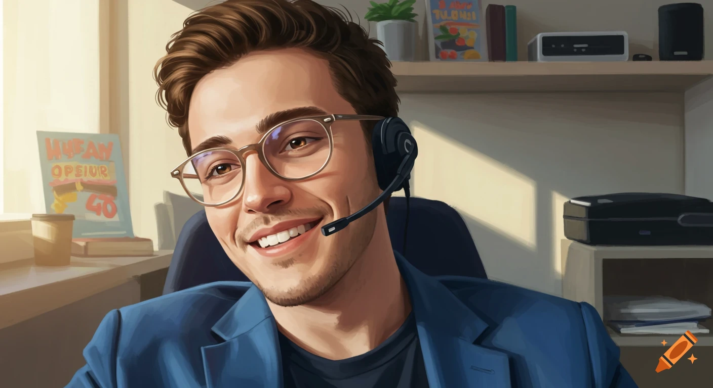 Smiling man with brown hair and glasses, wearing a blue jacket and a headset, sits at a desk in a bright room, rendered in a realistic digital art style.