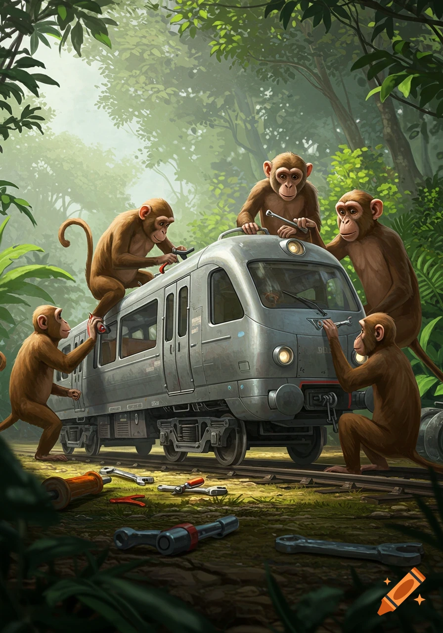 Illustrated scene of five monkeys in a lush jungle, working together to repair a grey train on tracks, with tools scattered around.