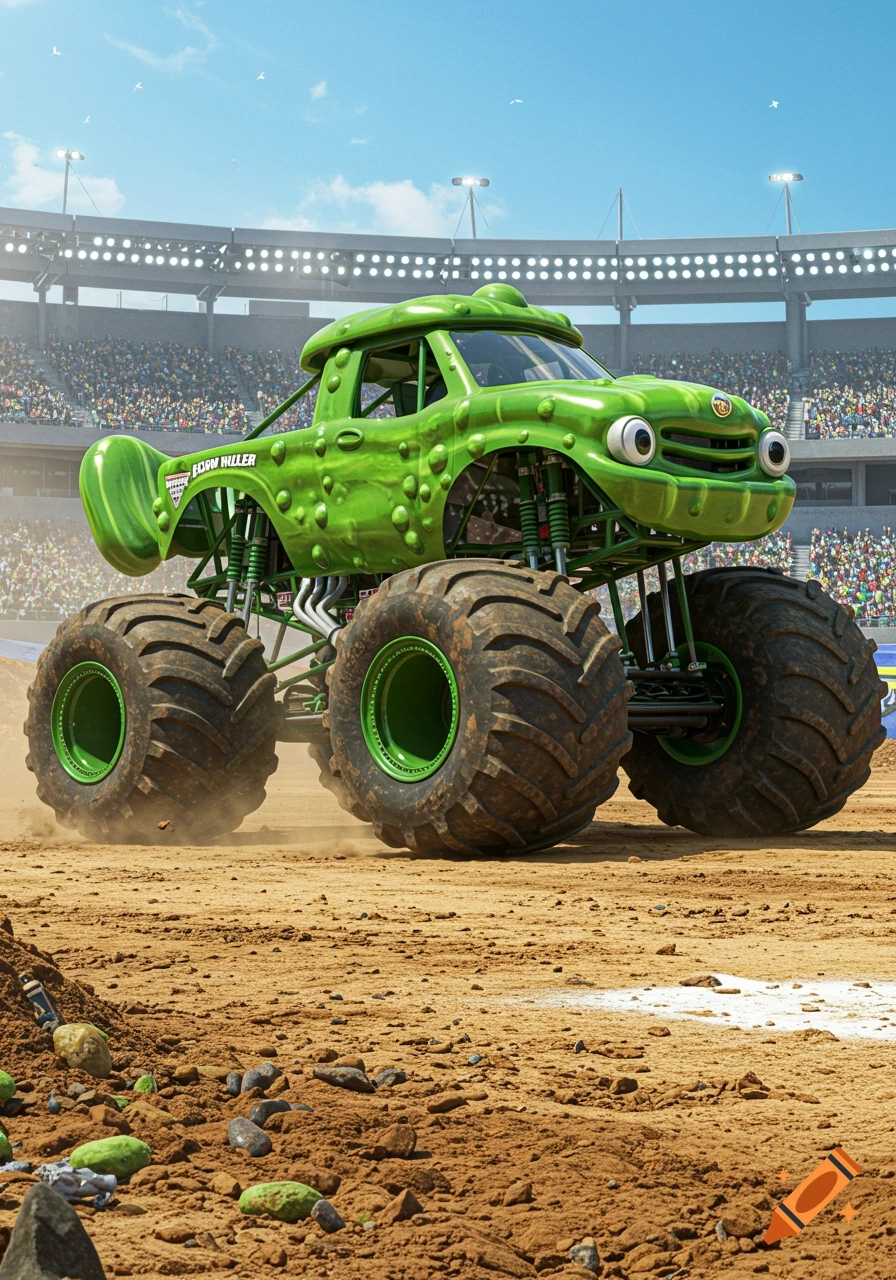 A cartoon-style green pickle monster truck with big wheels kicks up dust on a dirt track in a packed stadium.