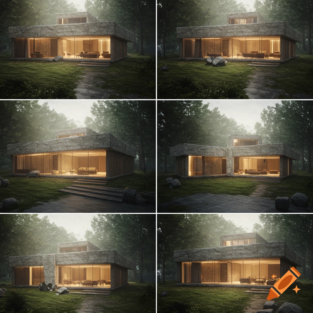 Six photorealistic views of a modern brutalist house with stone and glass in a misty forest, lit by warm interior lights.