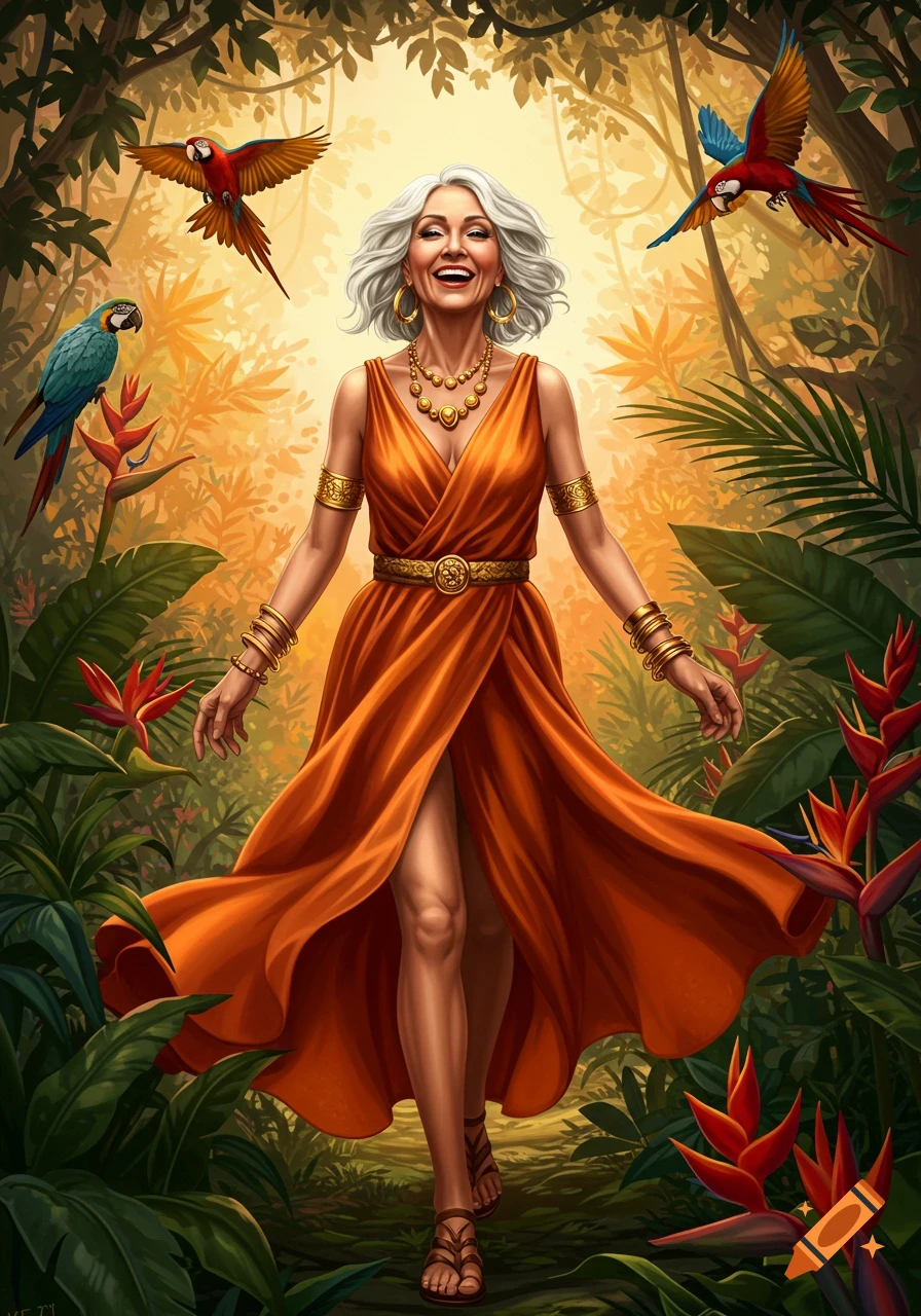 A smiling older woman with white hair in an orange dress walks through a vibrant jungle with colorful parrots flying around her.