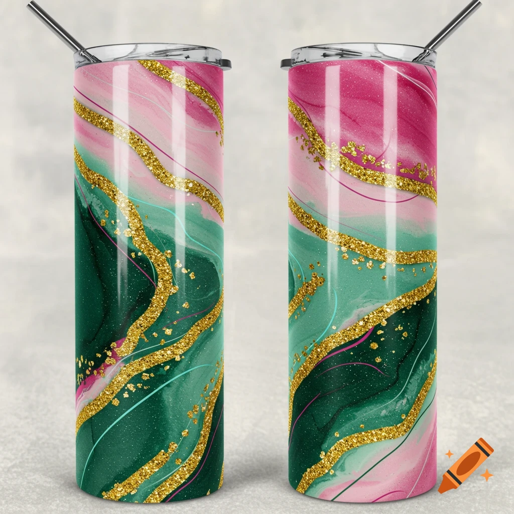 Two tumblers with abstract pink, green, and gold glitter swirl patterns, each with a metal straw.