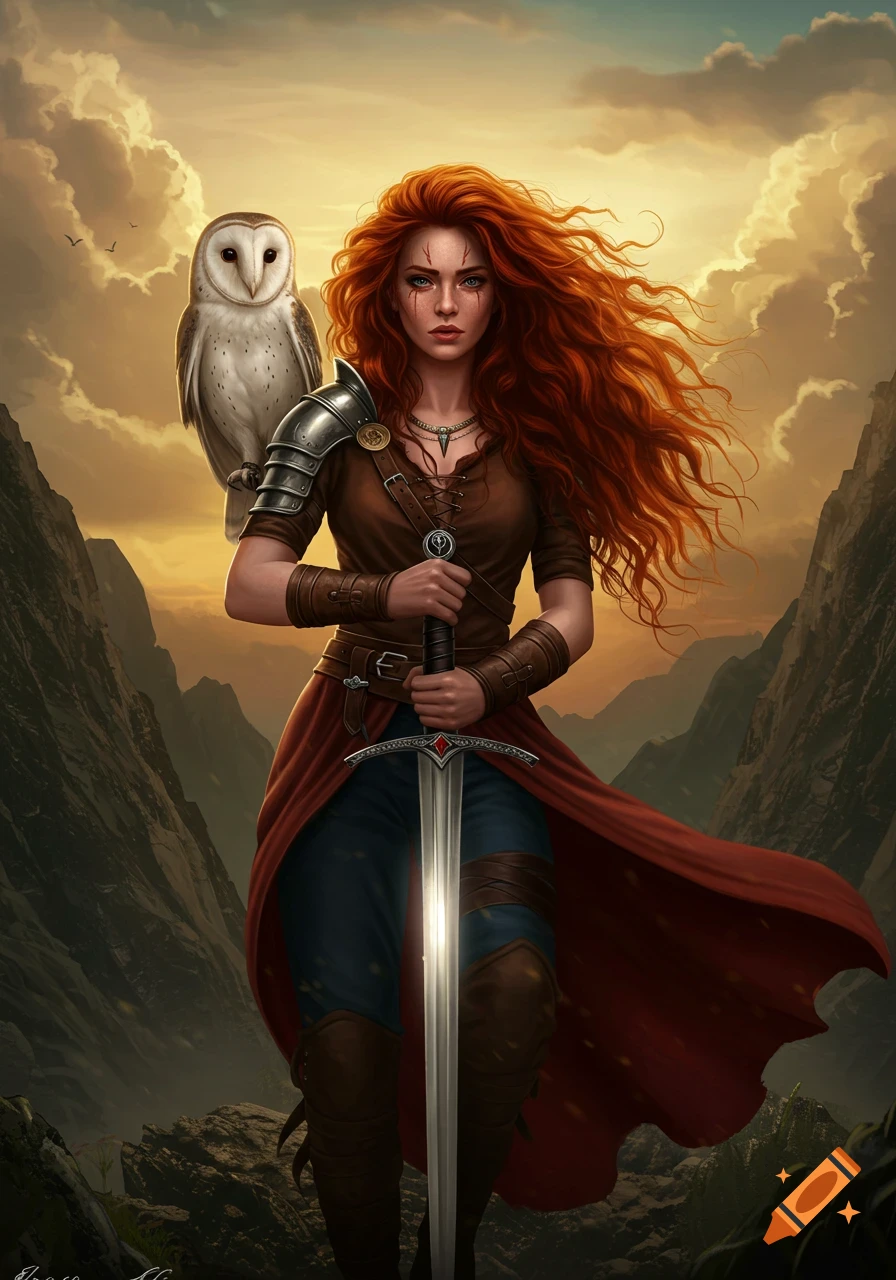 Red-haired warrior woman with an owl on her shoulder stands holding a sword in a mountainous fantasy landscape at sunset.