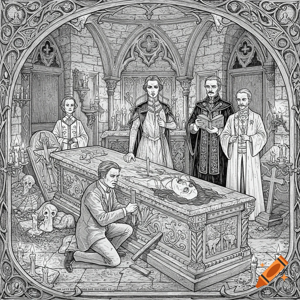Black ink drawing of a gothic crypt scene where a man kneels to stake a woman in a coffin, surrounded by figures holding religious items. Intricate decorative border.