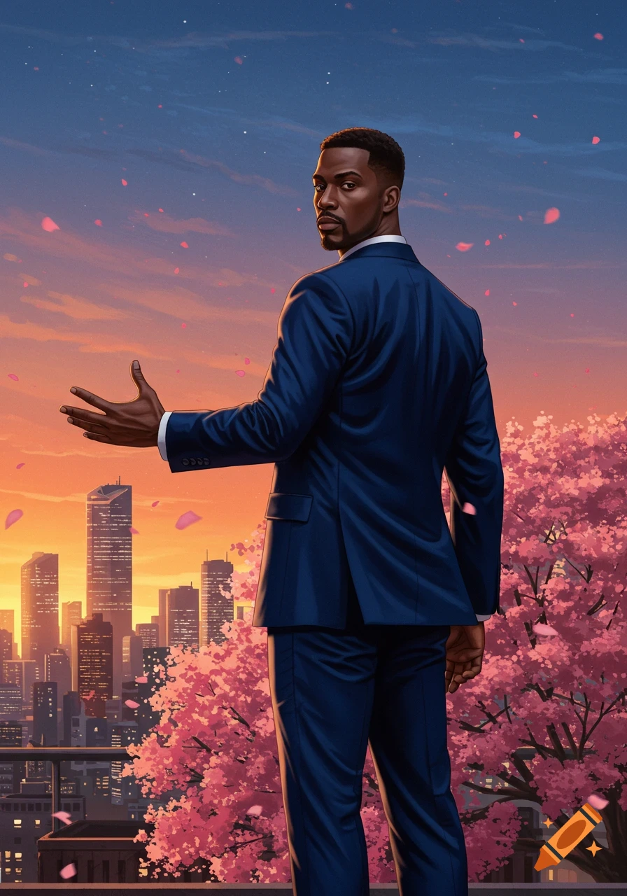 A man in a dark blue suit looks over his shoulder, extending his left hand, against a city skyline with pink cherry blossoms at sunset/sunrise.