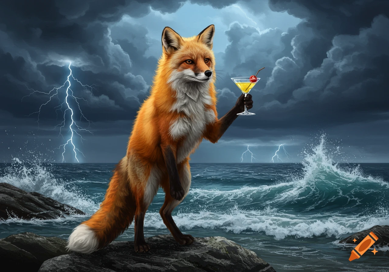 An anthropomorphic fox stands on a rock by a stormy sea with lightning, holding a yellow cocktail.