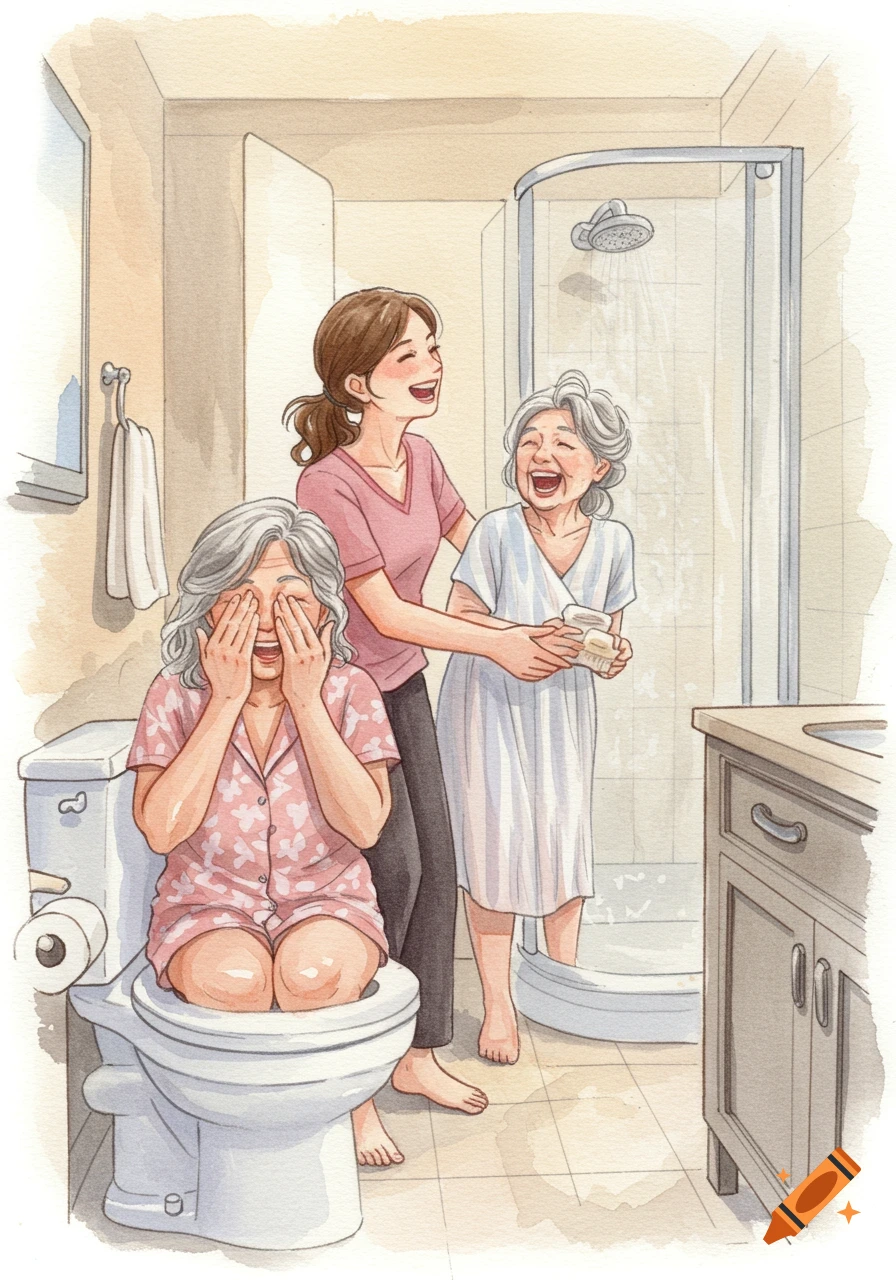 A watercolor illustration of three laughing women in a bathroom: one on the toilet covering her eyes, another helping an elderly woman in the shower.