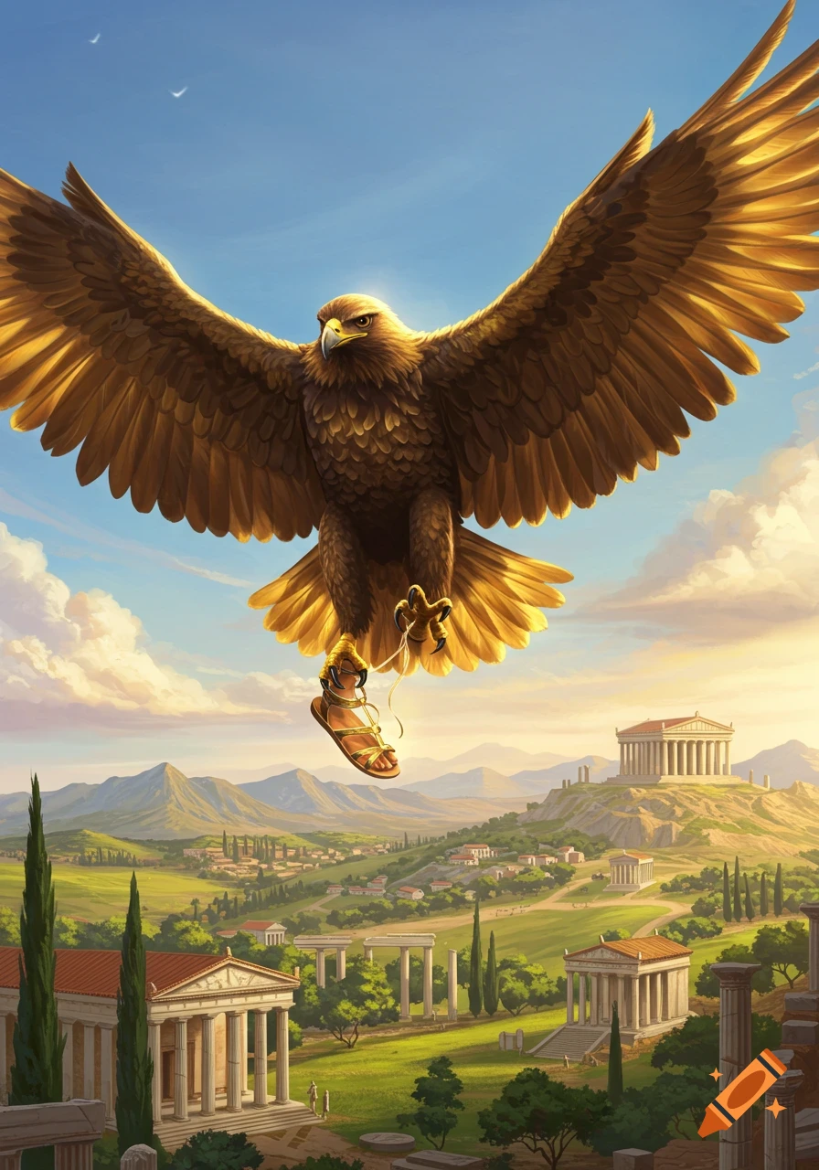 A majestic golden eagle with outstretched wings carries a glowing sandal in its talons, flying over an ancient Greek landscape featuring classical temples, green rolling hills, and a clear blue sky.