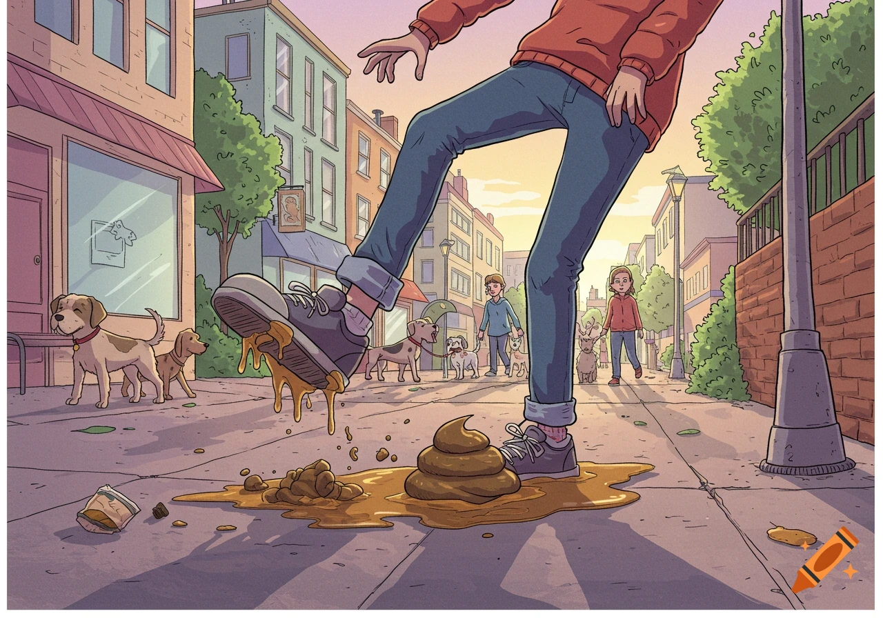 Cartoon of a person in a red sweater and jeans accidentally stepping in a large pile of dog poo on a city sidewalk.