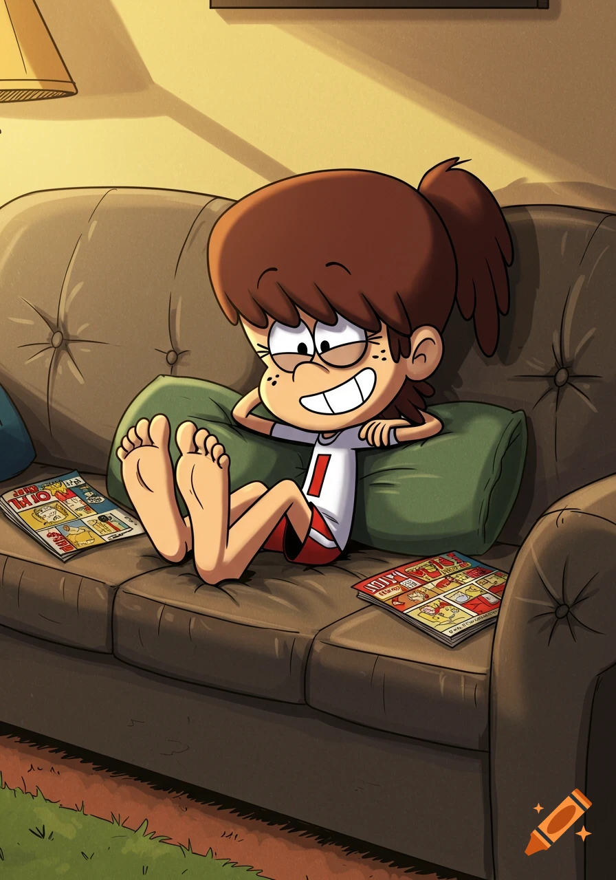 Lynn Loud Jr. sits barefoot on a brown couch with her feet resting on a green pillow, smiling broadly.