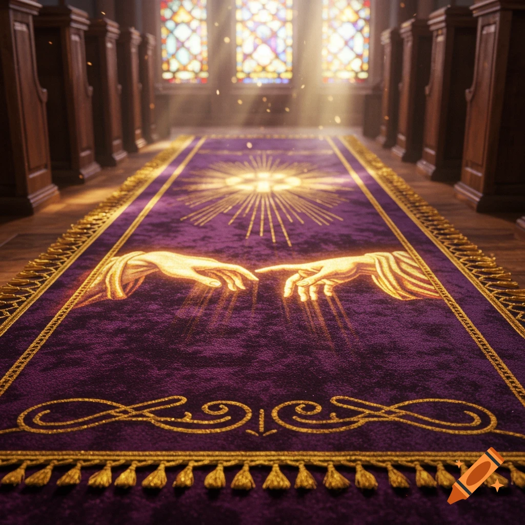 A grand purple and gold carpet runner with glowing 'Creation of Adam' hands and a sunburst motif in a church.