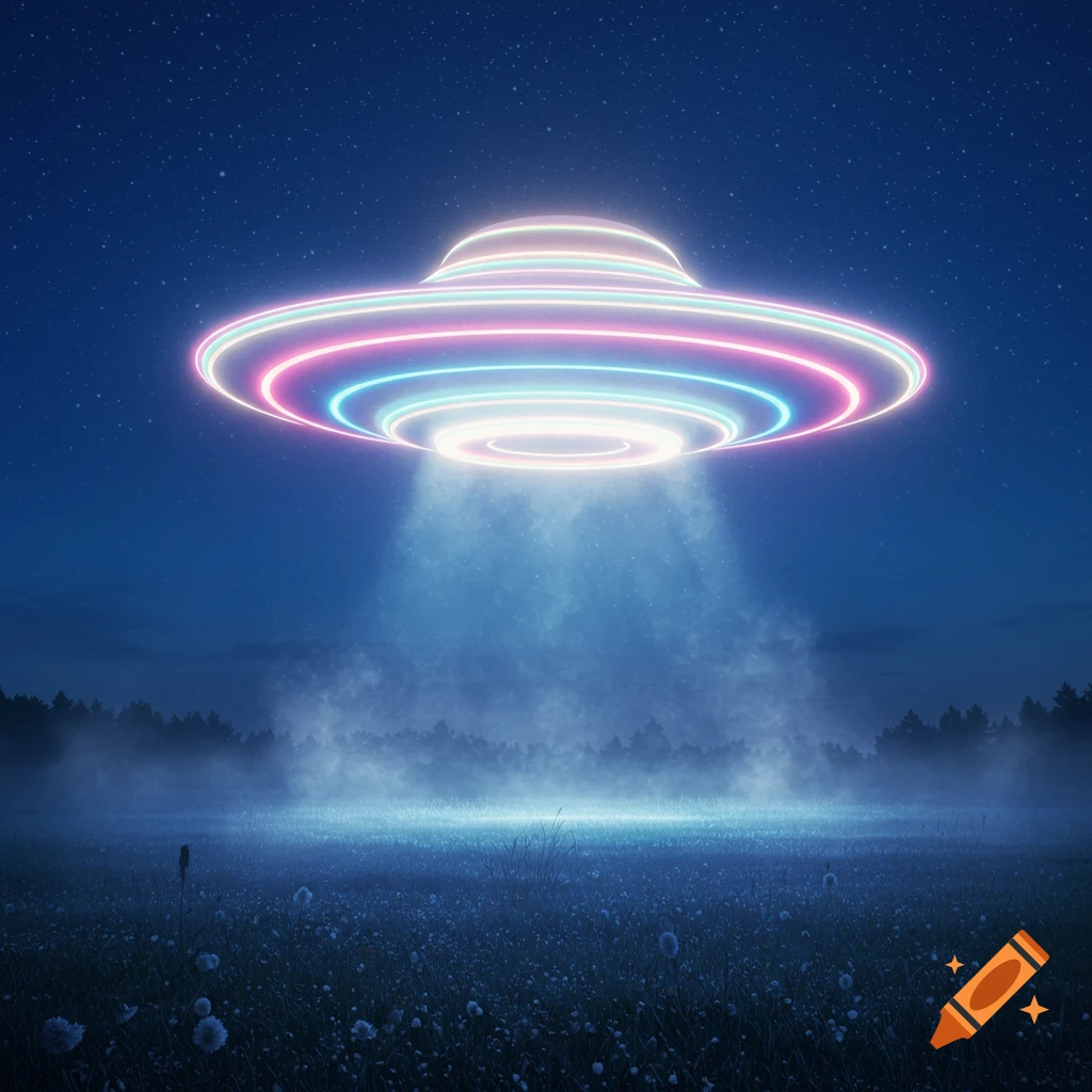 A neon-glowing UFO hovers over a misty field at night, emitting a bright beam onto the ground.