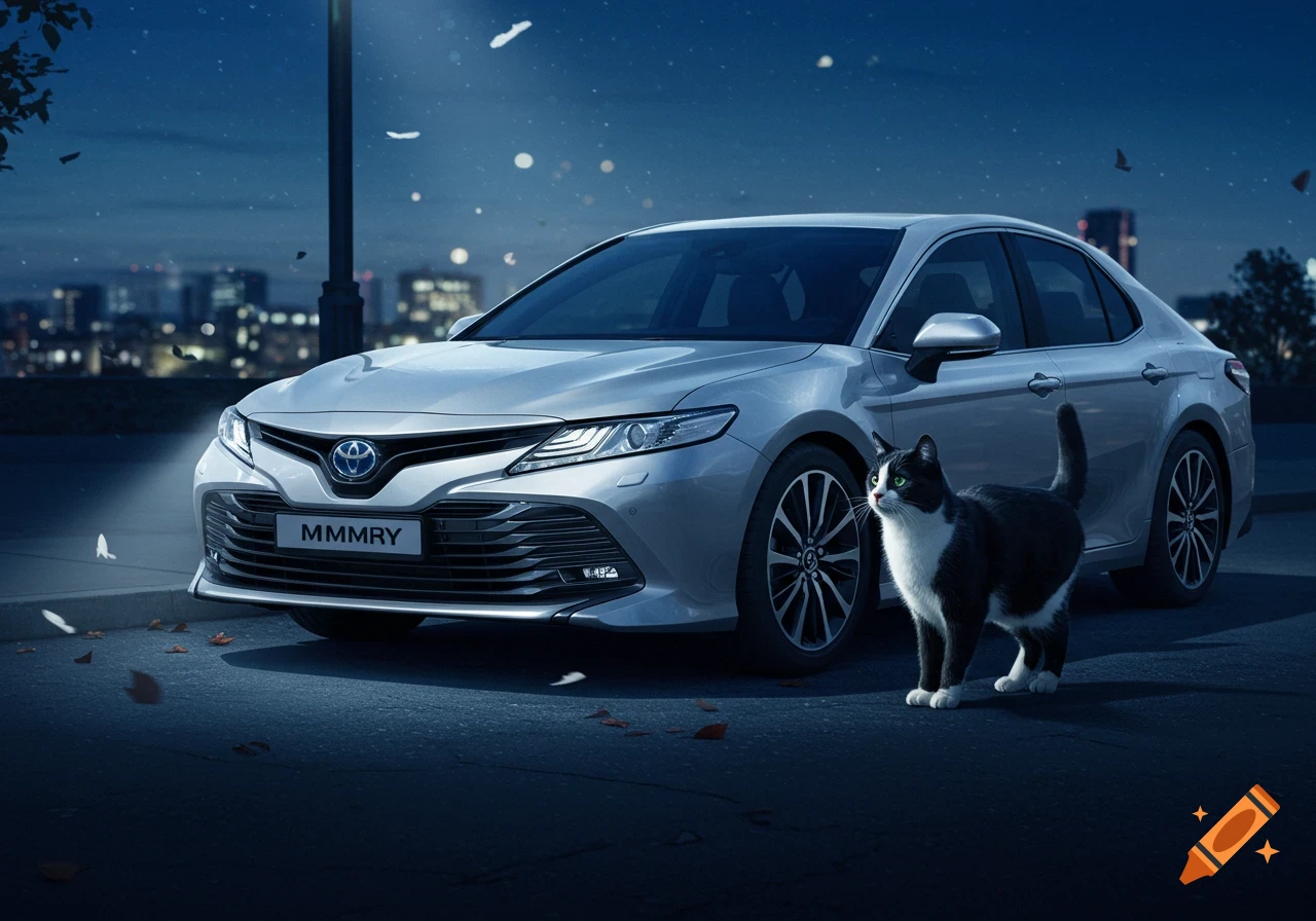 A silver Toyota Camry is parked on a street under a lamp at night, with a black and white cat standing in front of it, gazing upwards. City lights are in the background.