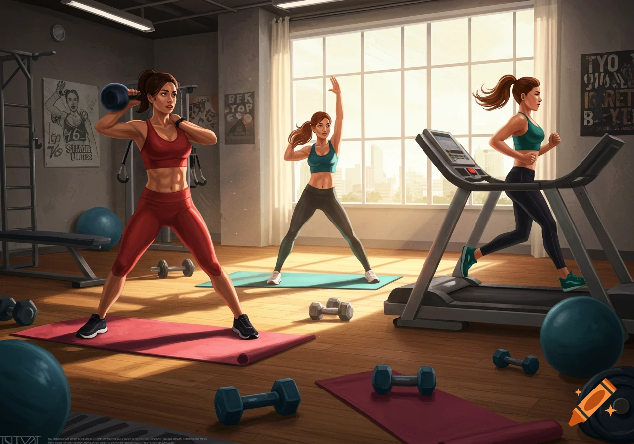 Three women exercising in a bright gym: one lifting a kettlebell, one doing calisthenics, and one running on a treadmill.