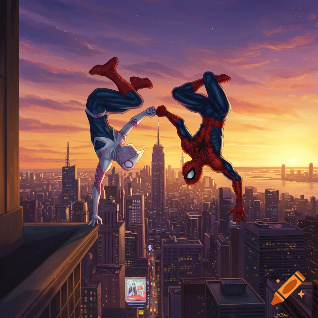 Spider-Man and Spider-Gwen do handstands, touching fists over a sunset city skyline, comic art style.
