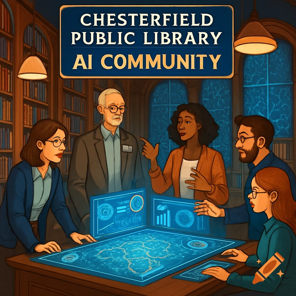 Five people, including librarians, discuss AI around a table with glowing interfaces in a stylized public library, with a sign reading "Chesterfield Public Library AI Community".