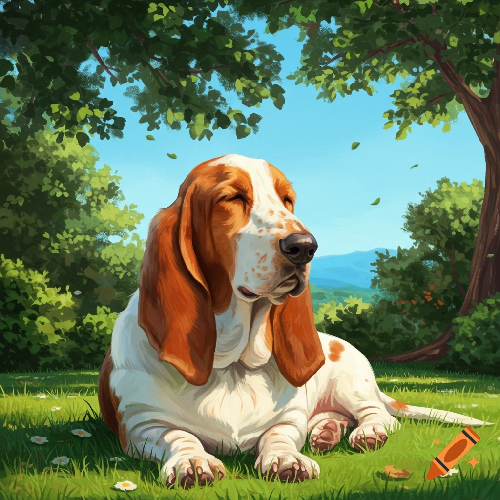 A relaxed basset hound dog with orange and white fur lies sleeping in a sunny green garden under a blue sky, illustrated.