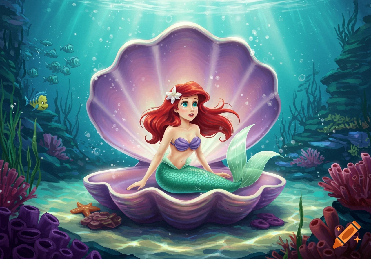 Ariel, the Little Mermaid, with red hair and a green tail, sits in a large purple clamshell underwater, surrounded by coral and fish.
