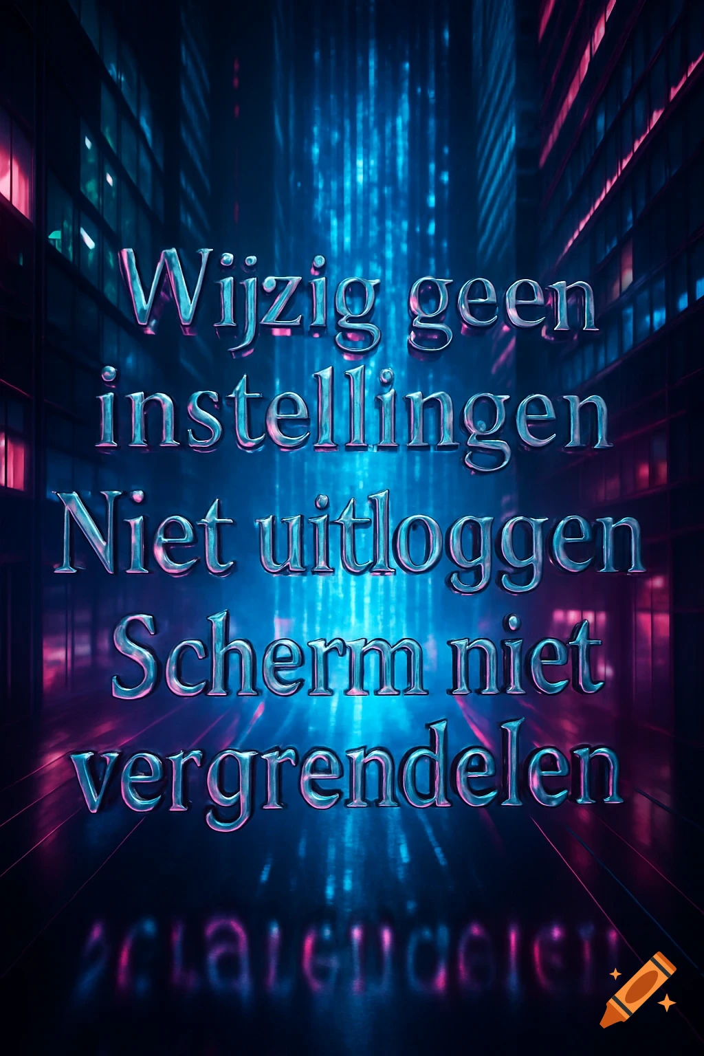 Metallic 3D text 'Wijzig geen instellingen - Niet uitloggen - Scherm niet vergrendelen' glows against a neon blue and pink futuristic cityscape background.