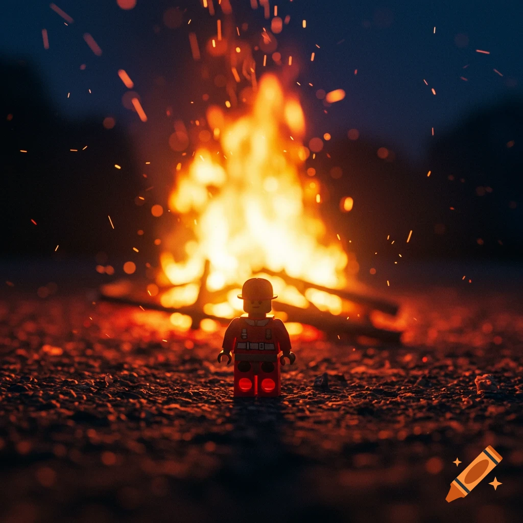 A Lego firefighter figure stands in front of a blazing campfire at night, with sparks rising into the dark sky.