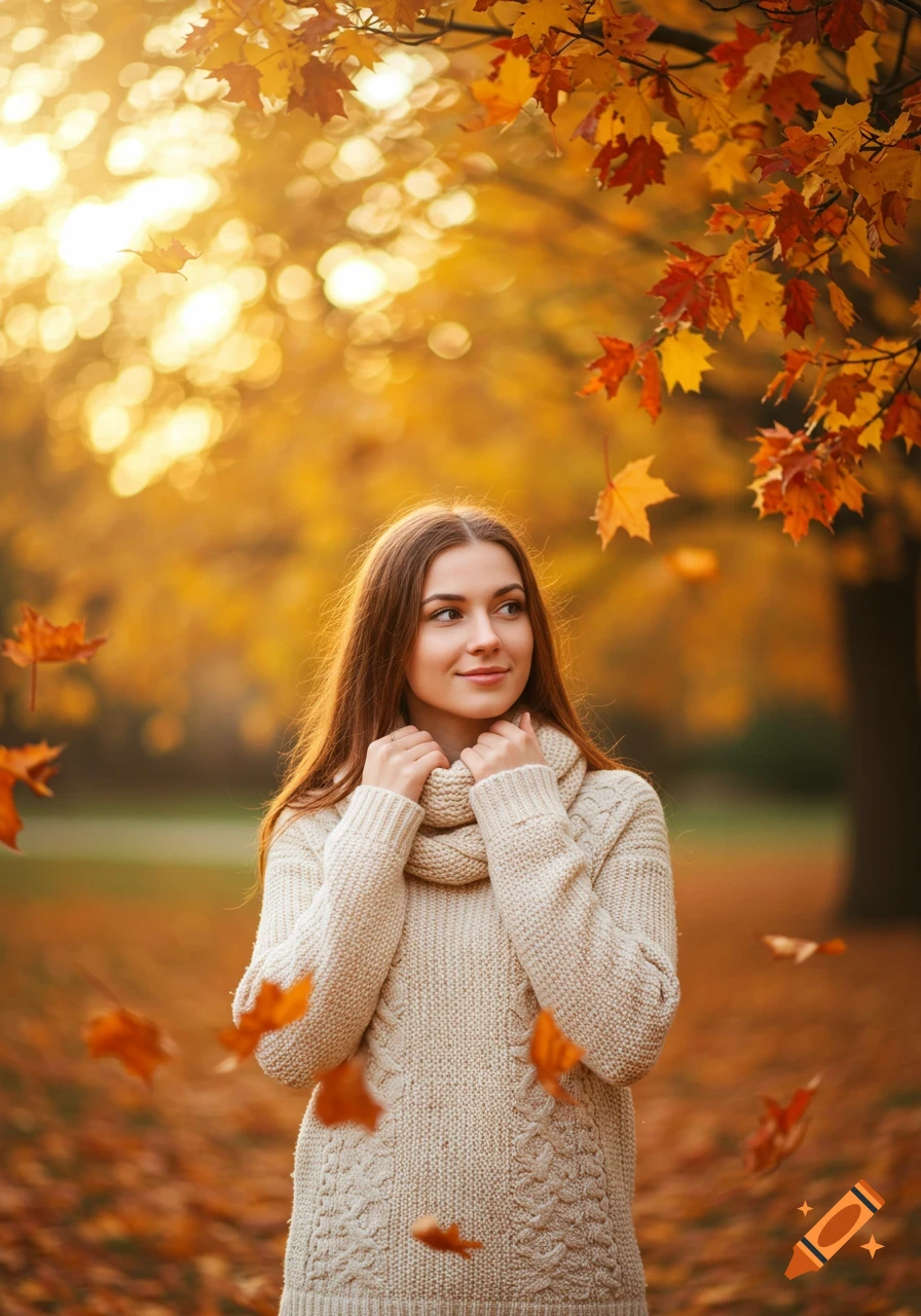 Young woman in a cream sweater and scarf, surrounded by golden and red autumn leaves in a sunlit park, looking right with a soft smile.