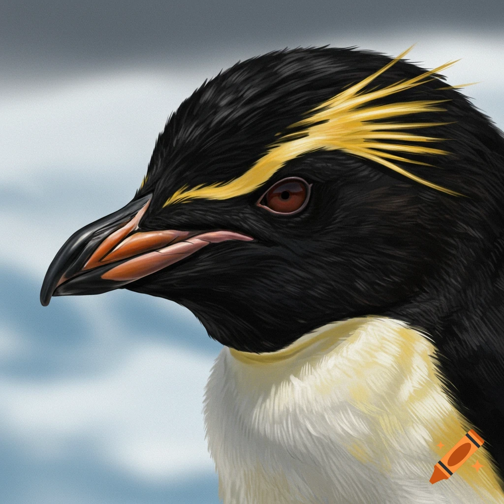 Close-up profile of a black and yellow Rockhopper penguin with a red eye, digital painting.
