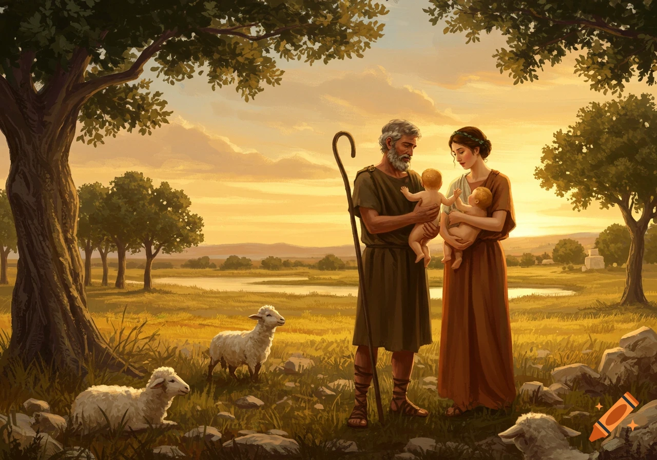 A man and woman in ancient attire hold two babies in a pastoral landscape with sheep and trees at sunset, in a painted style.