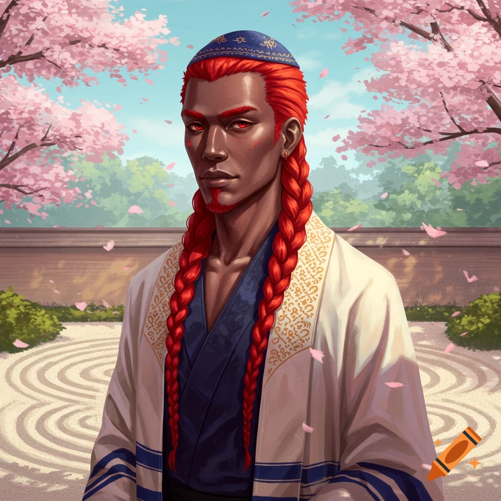 A man with dark skin, bright red braided hair, and red eyes wears a blue kipa and a white robe in a cherry blossom garden.