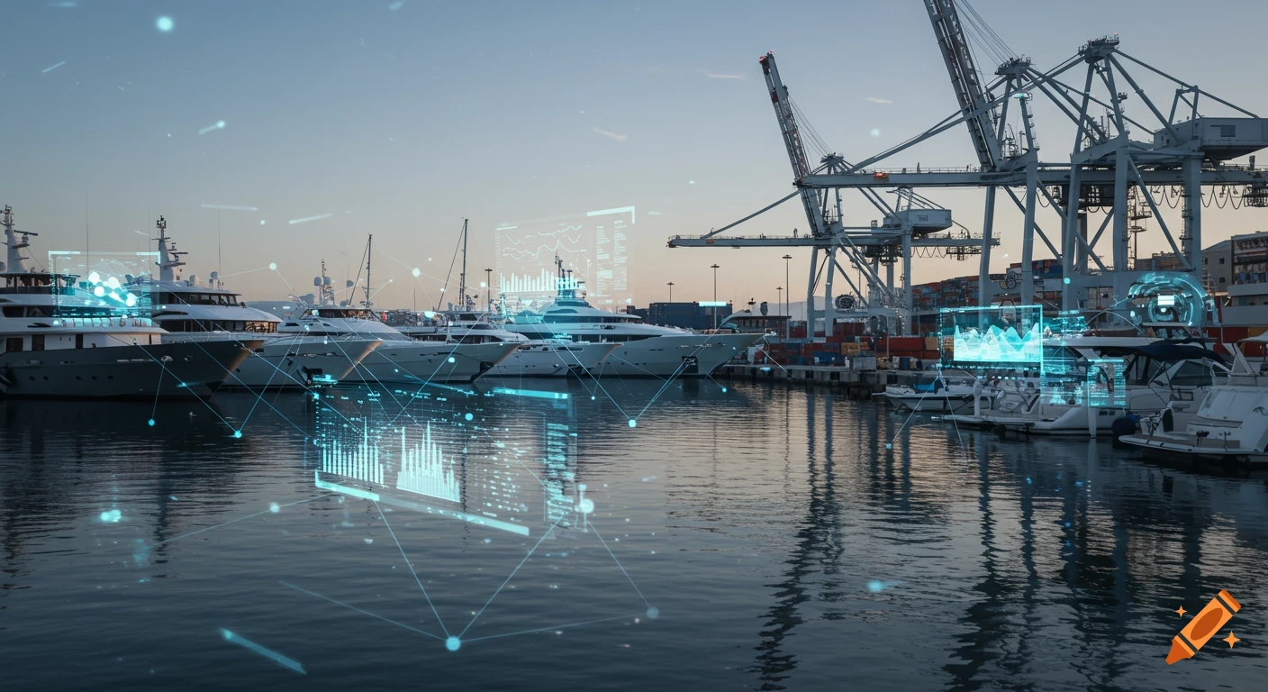 A futuristic marina port at dusk, with luxury yachts and large cranes, overlaid with glowing blue holographic data displays and network connections.