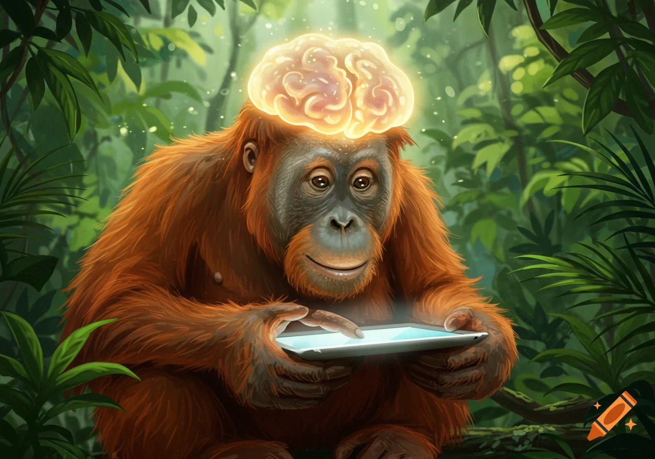 An orangutan with a glowing brain taps a tablet in a lush jungle. Digital art.