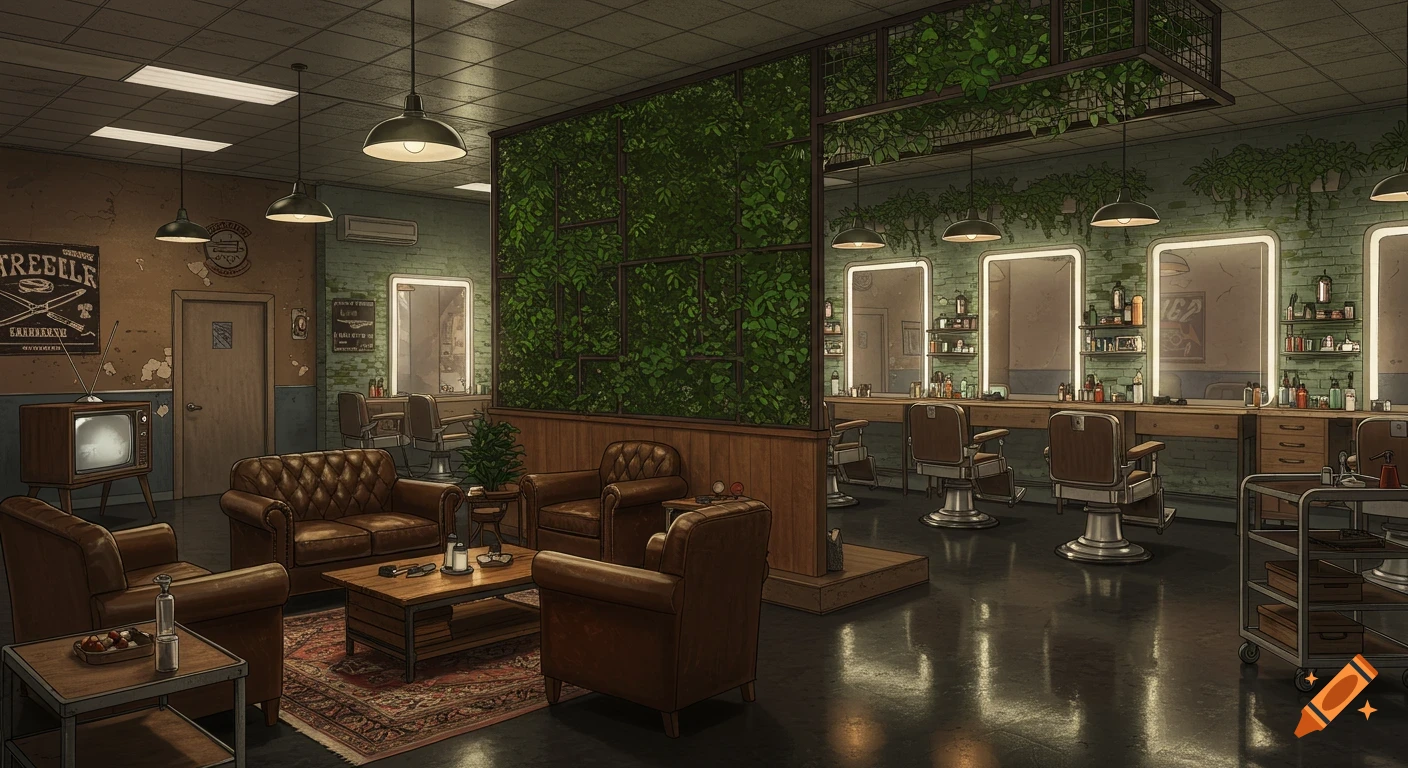 A retro barbershop interior with a lounge area, leather seating, vintage TV, and barber stations with chairs and mirrors, featuring a plant-covered wall.