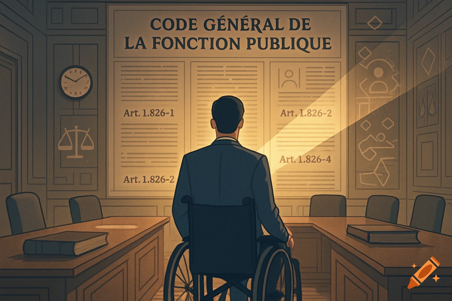 An illustration of a person in a wheelchair facing a wall with a large sign reading "CODE GÉNÉRAL DE LA FONCTION PUBLIQUE" and multiple article numbers.