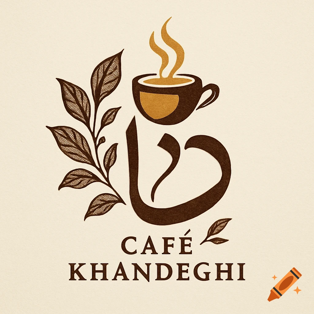 A graphic logo for Café Khandeghi, featuring a coffee cup with steam, leaves, and Arabic calligraphy 'Da'.