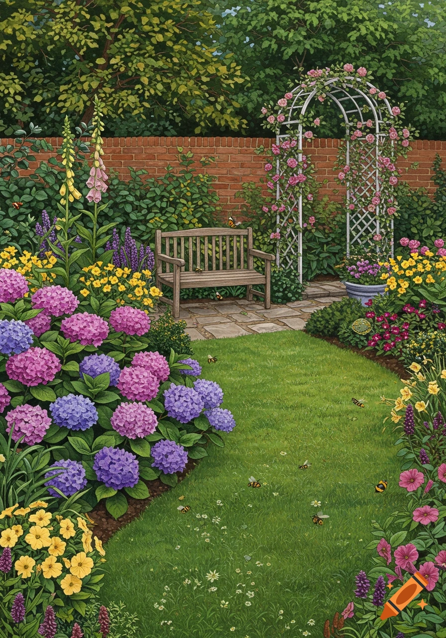 A colorful, illustrative garden scene with purple and pink hydrangeas, a rose-covered arch, a wooden bench, and a lush green lawn.