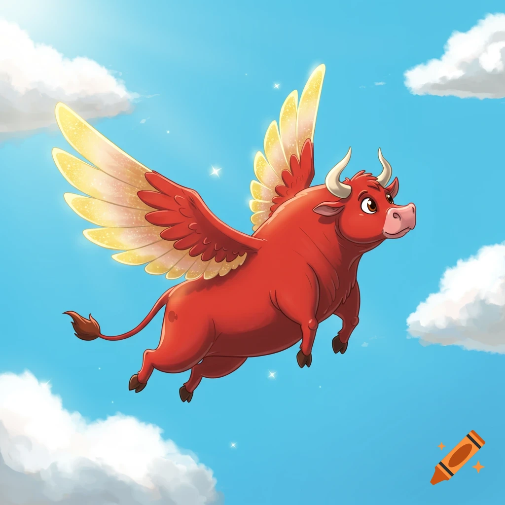 Cartoon red bull with golden wings flying in a blue sky with white clouds.