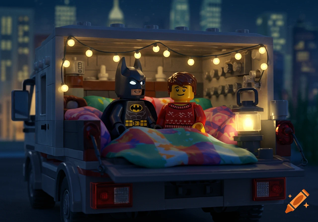 Lego Batman and another figure snuggle under a blanket in the back of a cozy truck, illuminated by string lights.