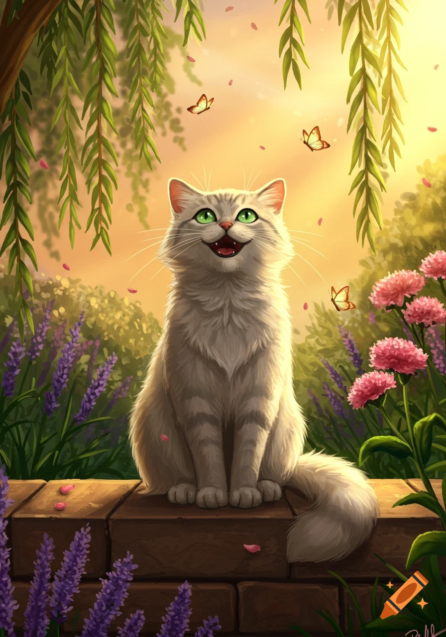 A happy, fluffy grey tabby cat with green eyes sits on a brick wall in a sunny garden with lavender, pink flowers, and butterflies.
