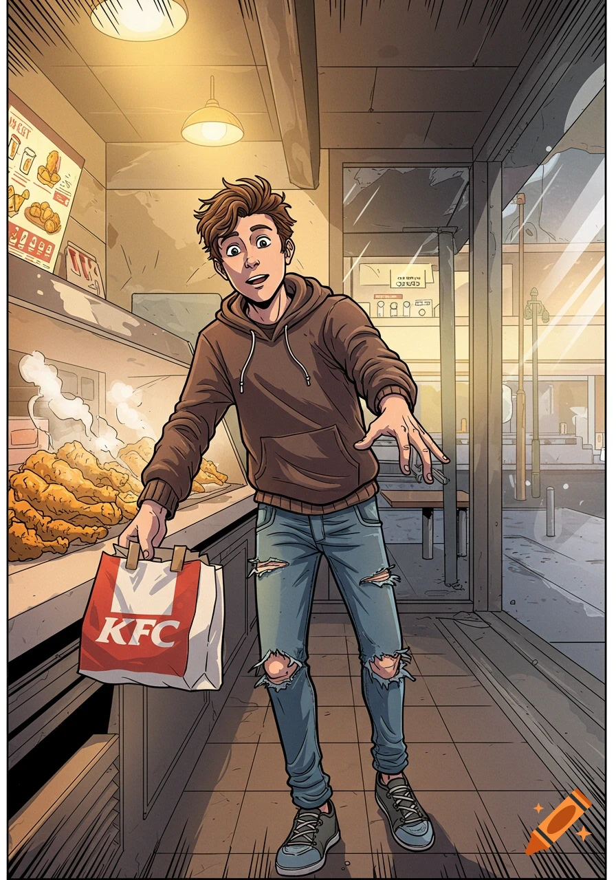 Comic illustration of a young man in a hoodie and ripped jeans holding a KFC bag in a fast-food kitchen.