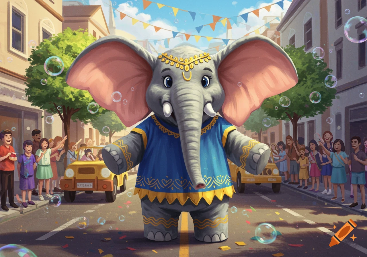 A friendly cartoon elephant mascot in a blue and gold costume stands on a decorated street with cheering people and bubbles.