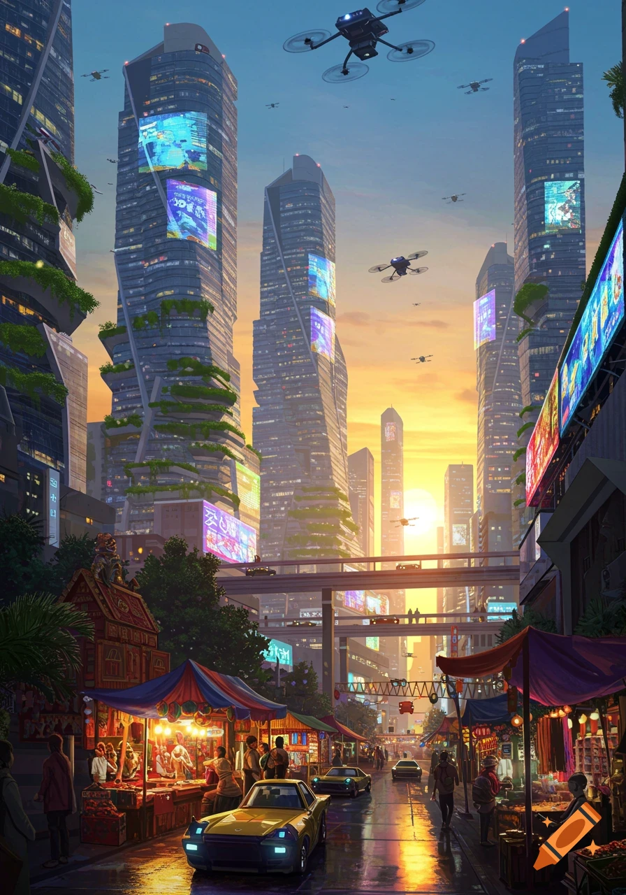 A vibrant, futuristic city at sunset with towering skyscrapers, drones flying, busy street markets, and cars on the wet streets.