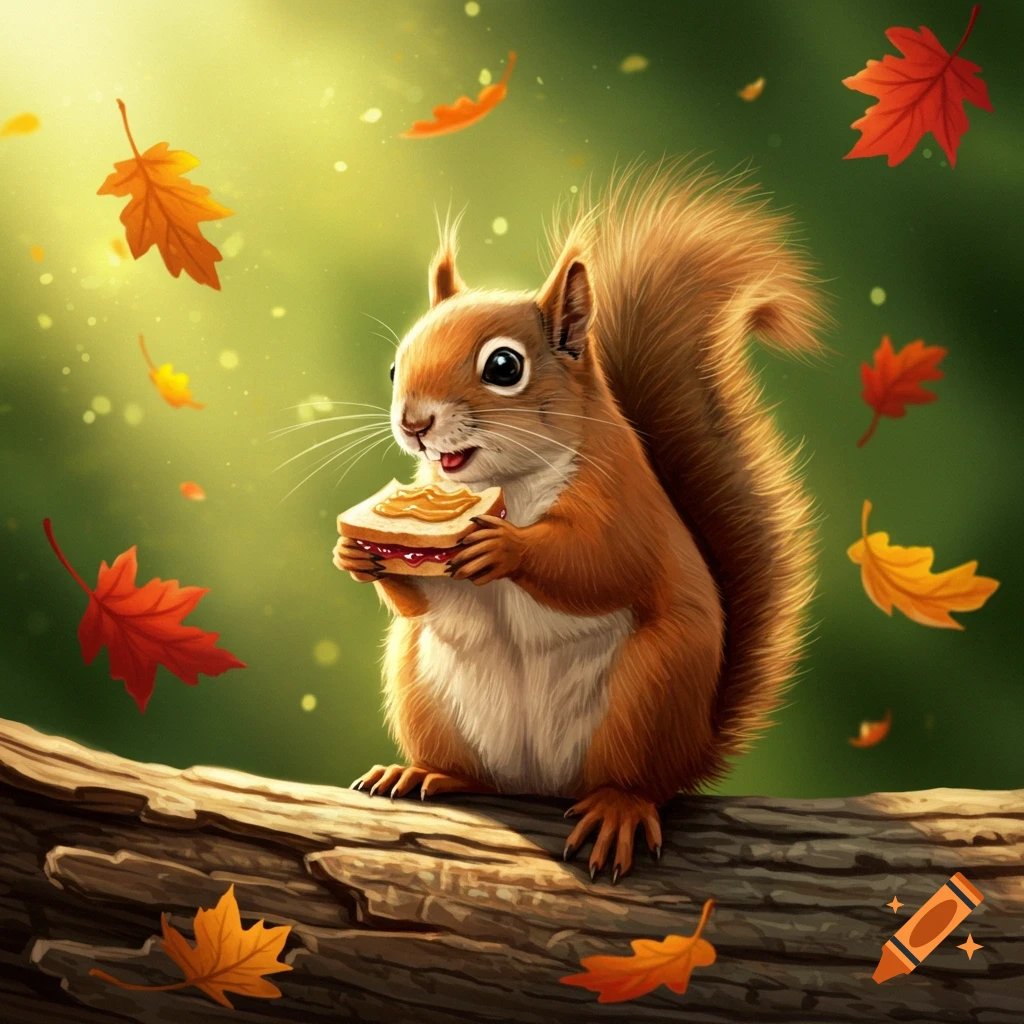 A cute cartoon squirrel sits on a log, happily eating a peanut butter and jelly sandwich amidst falling autumn leaves.