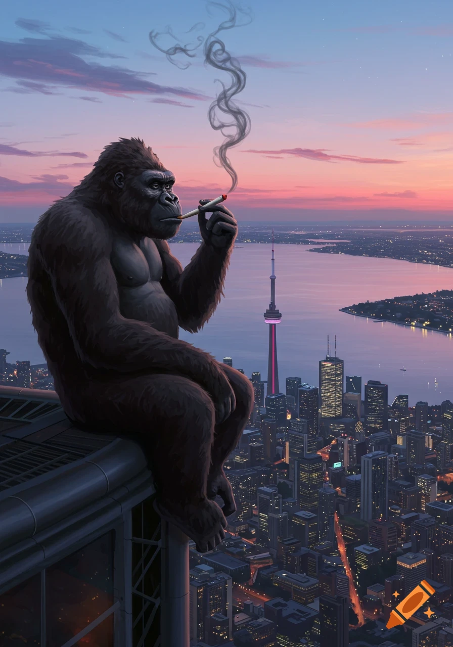 A large gorilla smokes a joint while sitting atop a skyscraper, overlooking the Toronto cityscape and CN Tower at sunset.